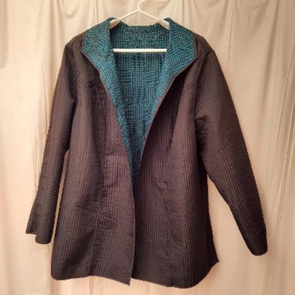Open Front Quilted Reversible Jacket Black/Teal 3X